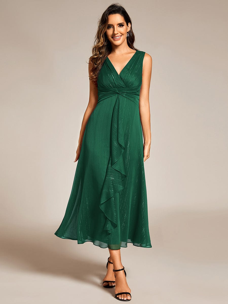 Shimmering Long Sleeve V-Neck Chiffon Twist Knot A-Line Evening Dress #color_Dark Green