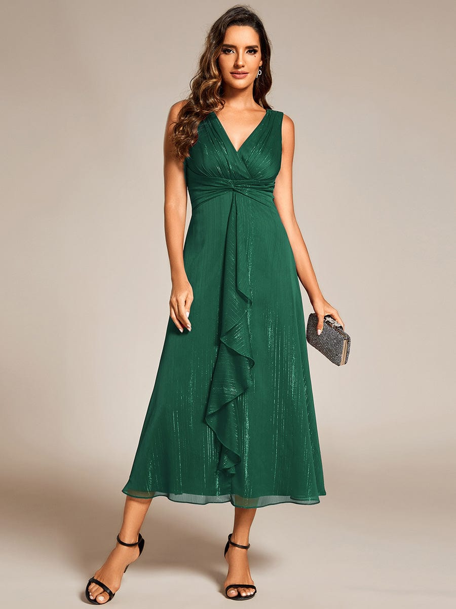 Shimmering Long Sleeve V-Neck Chiffon Twist Knot A-Line Evening Dress #color_Dark Green