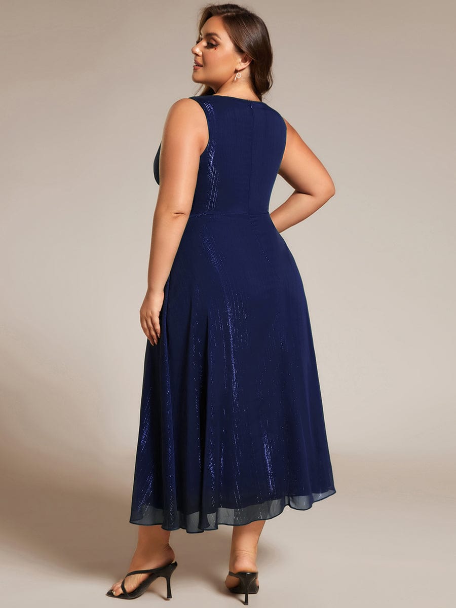 Sleeveless Twist Knot A-Line Lotus Leaf Shimmering Wedding Guest Dress #color_Navy Blue