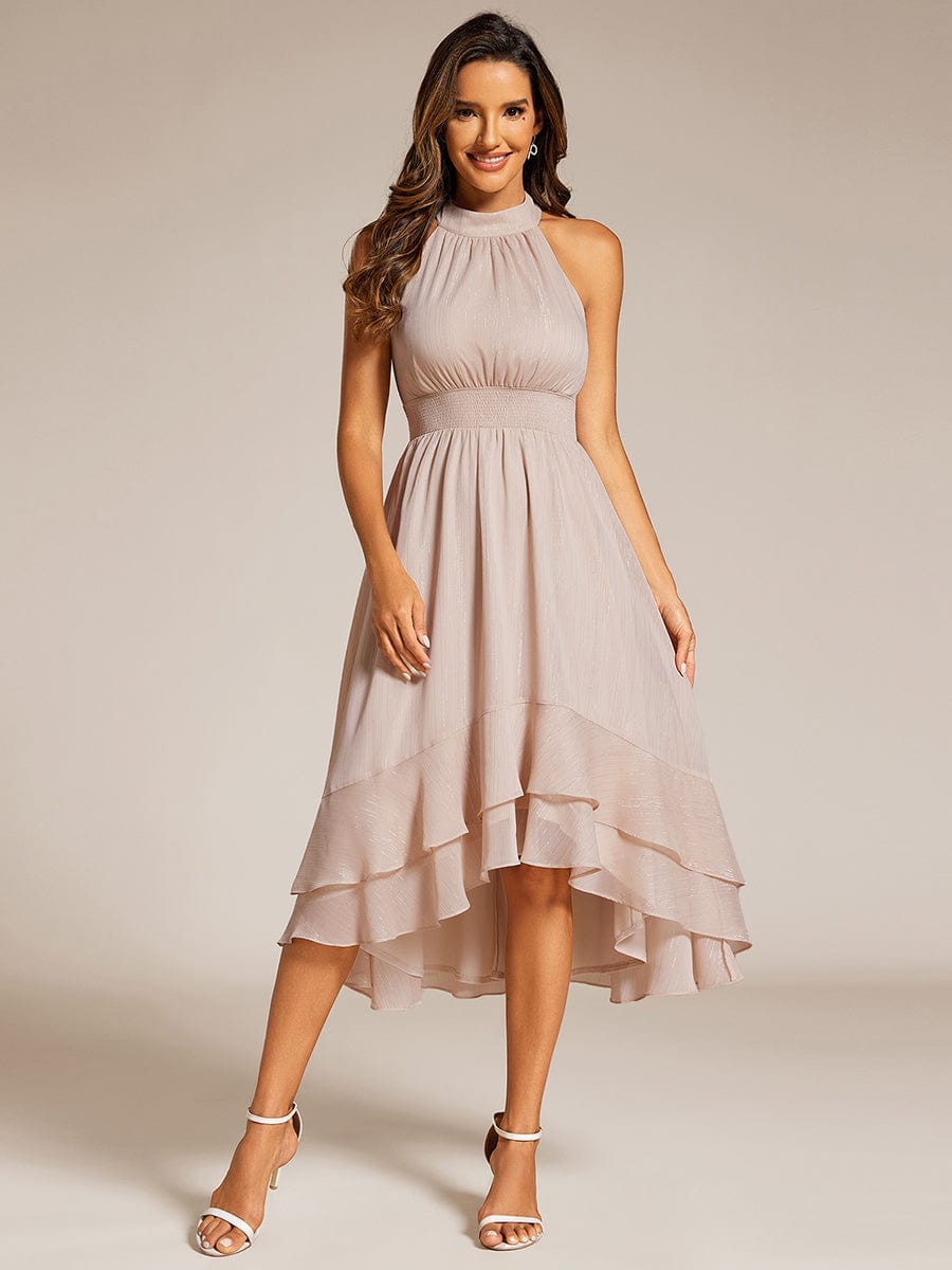 Shimmering Halter Neck Pleated High-Low Ruffle Wedding Guest Dress #color_Champagne