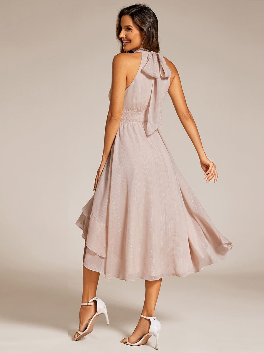 Shimmering Halter Neck Pleated High-Low Ruffle Wedding Guest Dress #color_Champagne