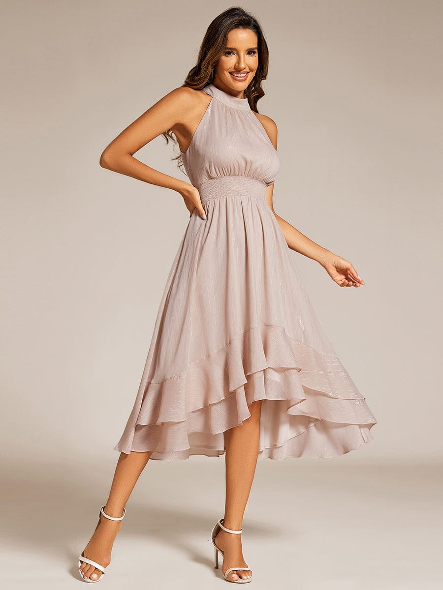 Shimmering Halter Neck Pleated High-Low Ruffle Wedding Guest Dress #color_Champagne