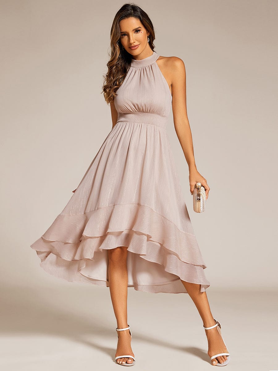 Shimmering Halter Neck Pleated High-Low Ruffle Wedding Guest Dress #color_Champagne