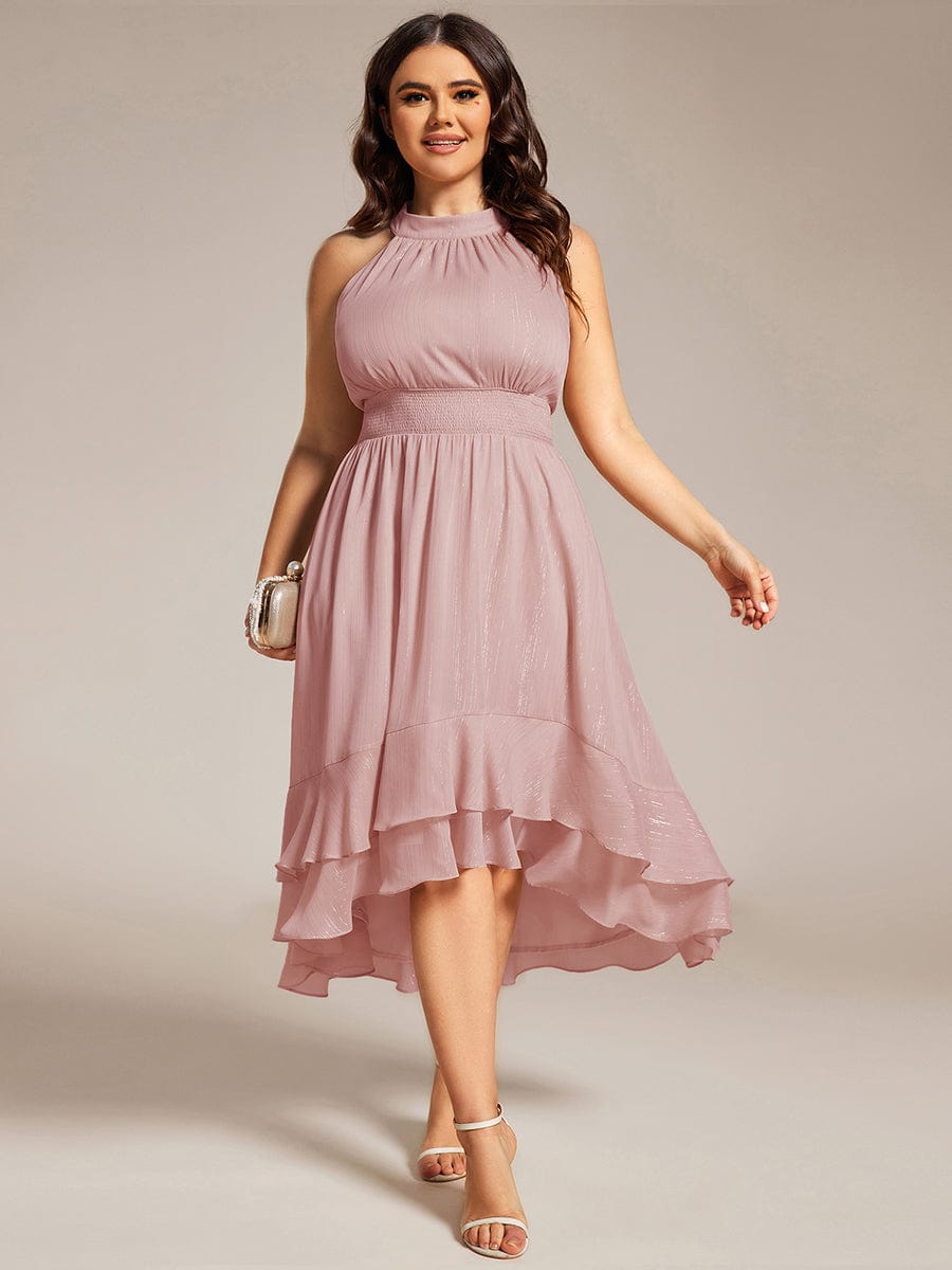 Shimmering Halter Neck Pleated High-Low Ruffle Wedding Guest Dress #color_Dusty Rose