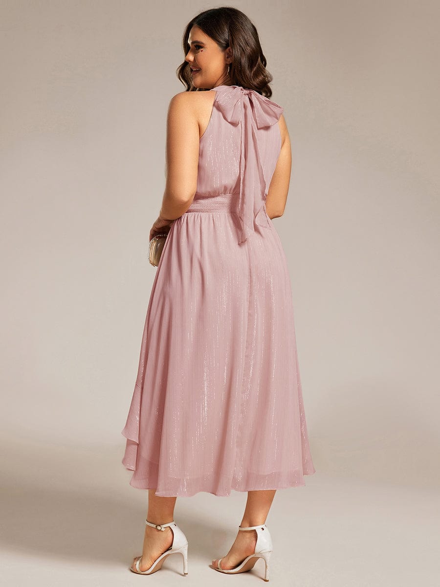 Shimmering Halter Neck Pleated High-Low Ruffle Wedding Guest Dress #color_Dusty Rose