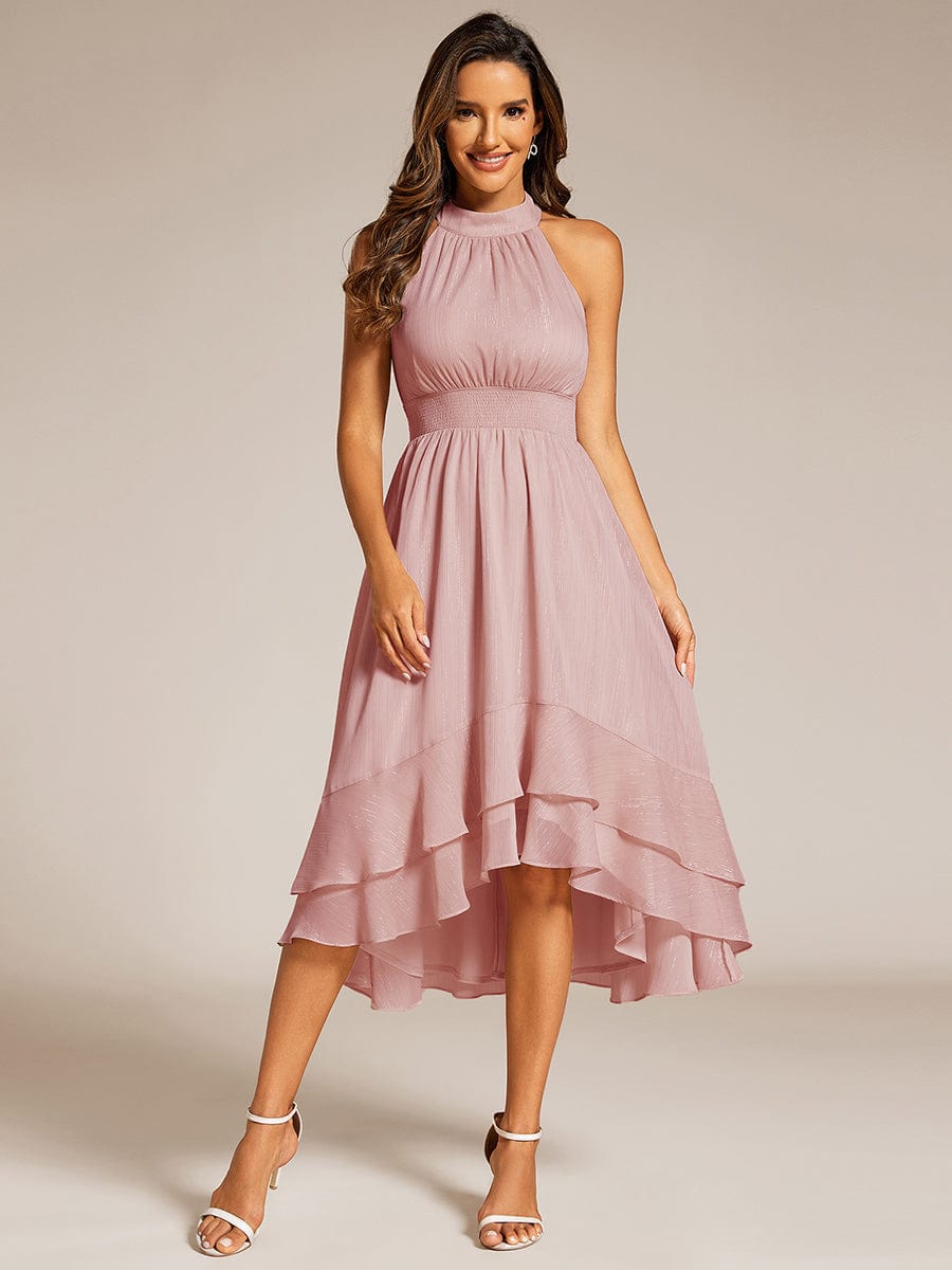 Shimmering Halter Neck Pleated High-Low Ruffle Wedding Guest Dress #color_Dusty Rose