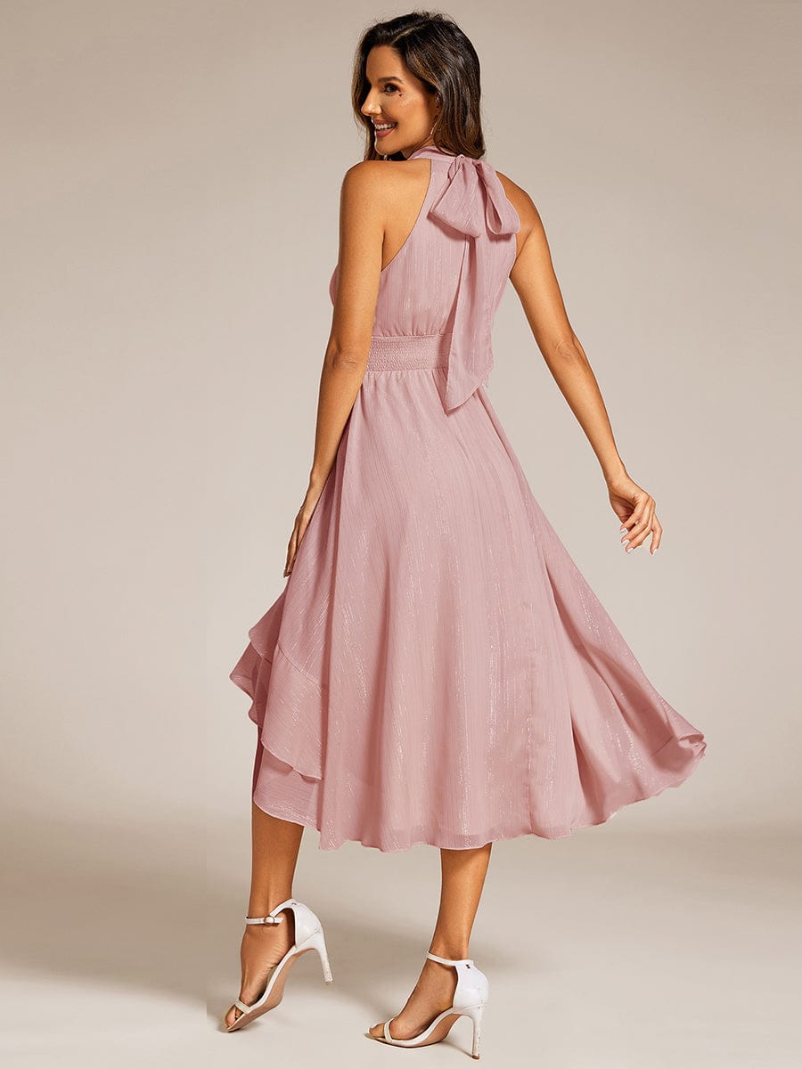 Shimmering Halter Neck Pleated High-Low Ruffle Wedding Guest Dress #color_Dusty Rose