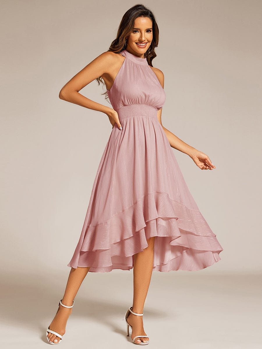 Shimmering Halter Neck Pleated High-Low Ruffle Wedding Guest Dress #color_Dusty Rose