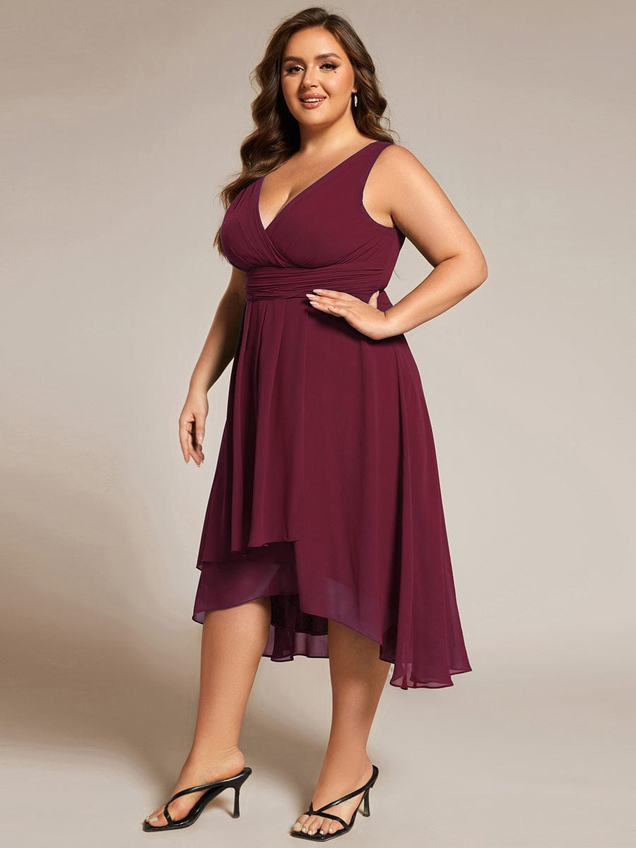 Elegant V-Neck Sleeveless Pleated High-Low Chiffon Wedding Guest Dress #color_Burgundy