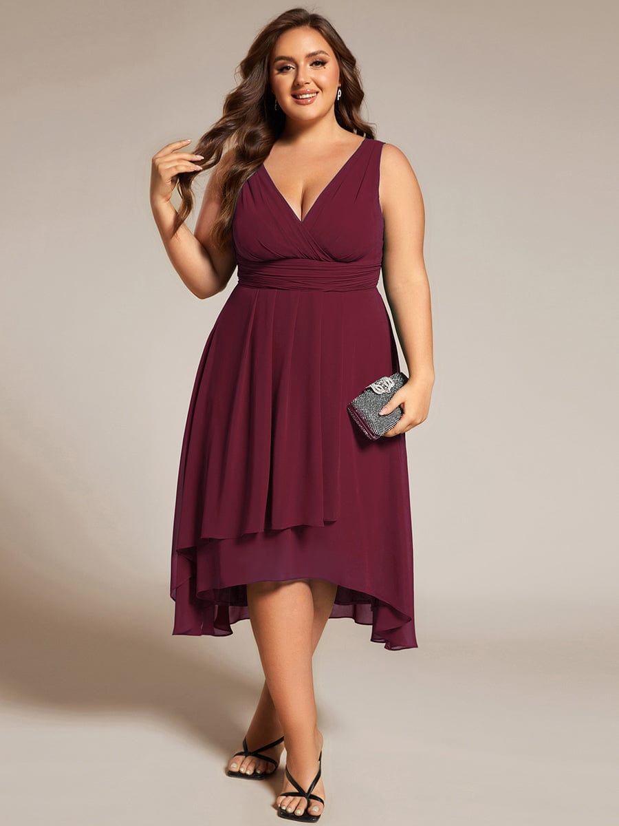 Elegant V-Neck Sleeveless Pleated High-Low Chiffon Wedding Guest Dress #color_Burgundy