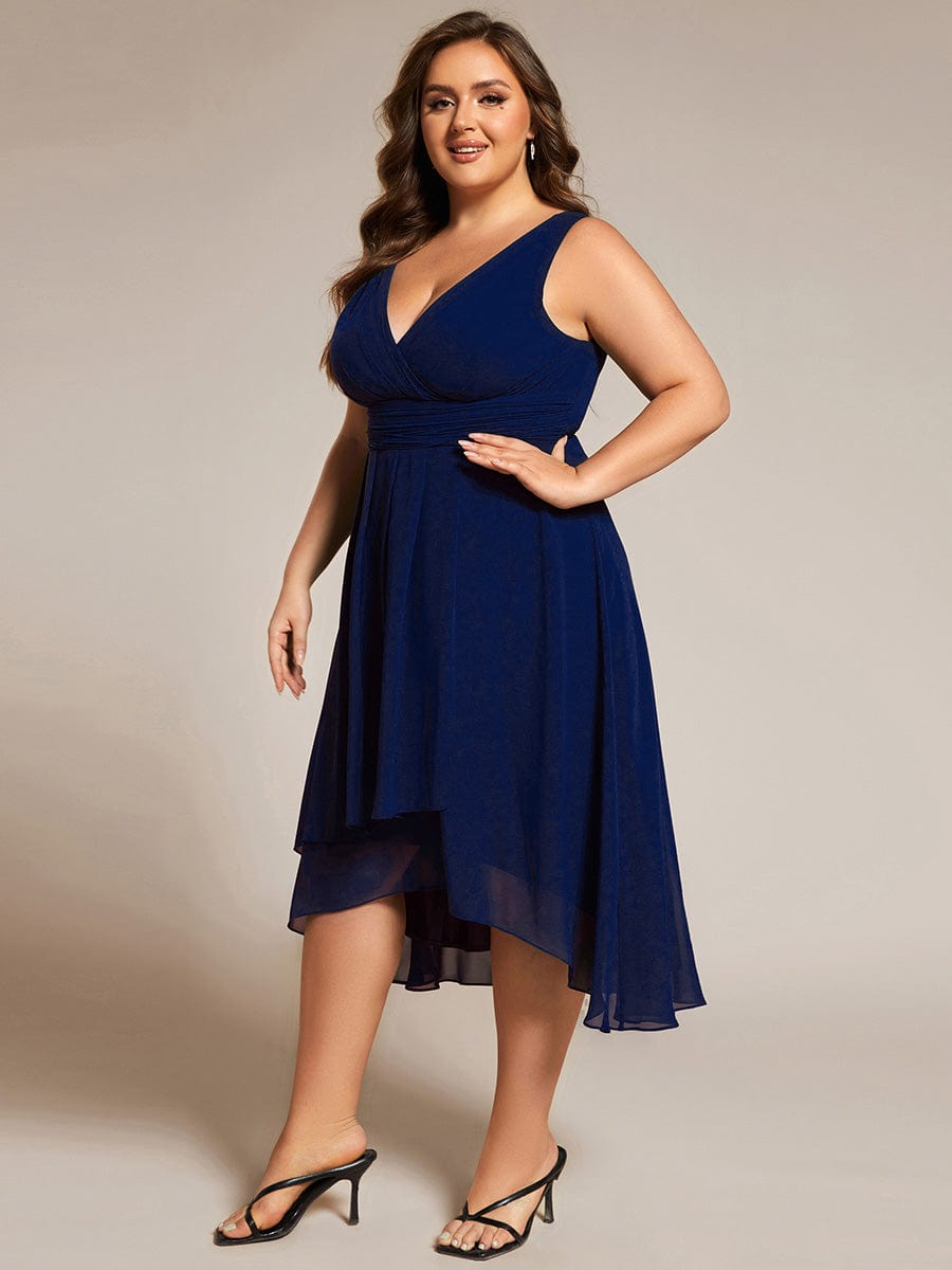 Elegant V-Neck Sleeveless Pleated High-Low Chiffon Wedding Guest Dress #color_Navy Blue