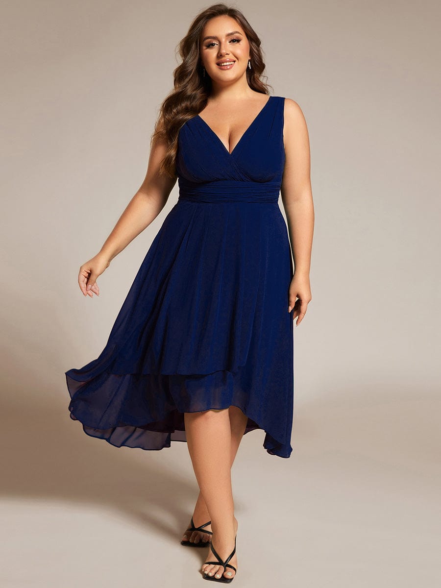 Elegant V-Neck Sleeveless Pleated High-Low Chiffon Wedding Guest Dress #color_Navy Blue