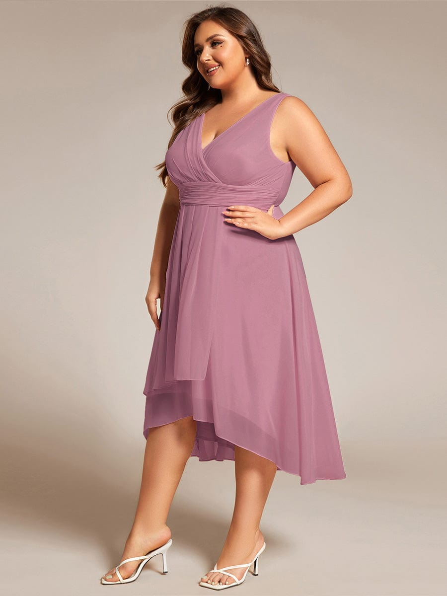 Elegant V-Neck Sleeveless Pleated High-Low Chiffon Wedding Guest Dress #color_Purple Orchid