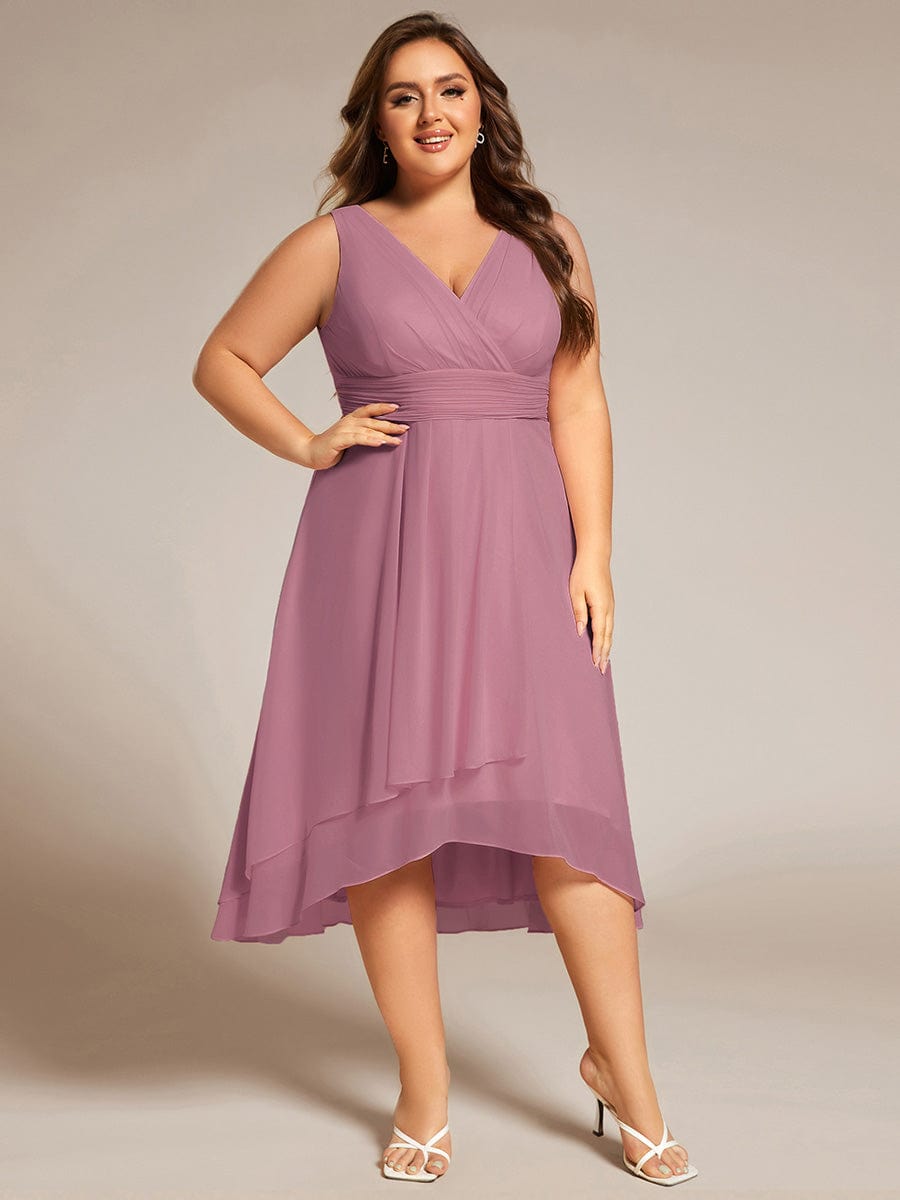 Elegant V-Neck Sleeveless Pleated High-Low Chiffon Wedding Guest Dress #color_Purple Orchid