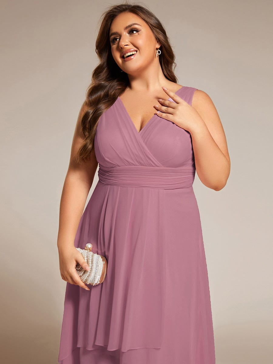 Elegant V-Neck Sleeveless Pleated High-Low Chiffon Wedding Guest Dress #color_Purple Orchid