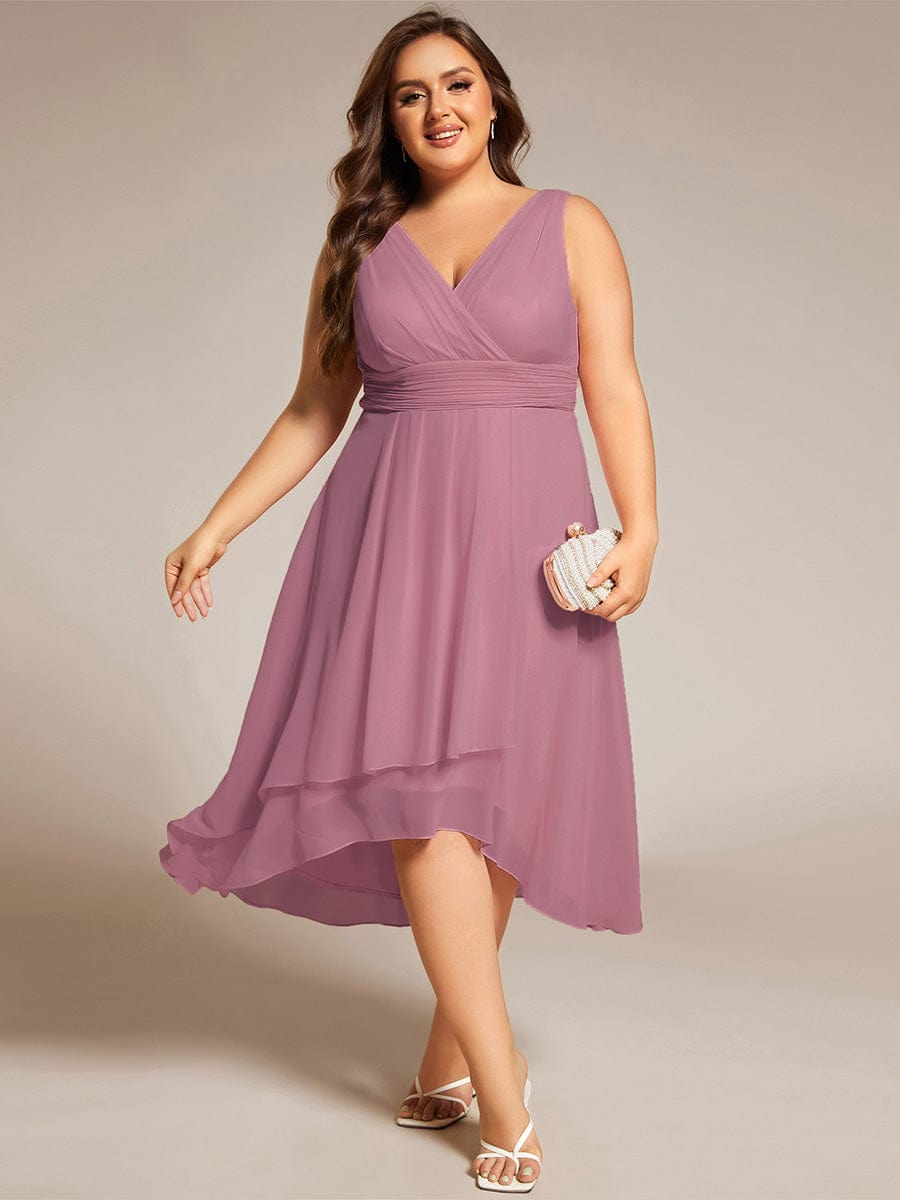 Elegant V-Neck Sleeveless Pleated High-Low Chiffon Wedding Guest Dress #color_Purple Orchid