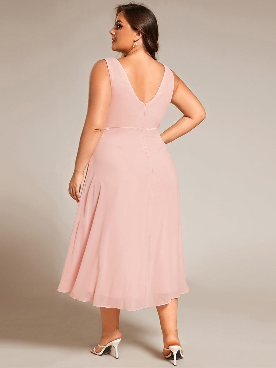 Elegant V-Neck Sleeveless Pleated High-Low Chiffon Dress in Pink #color_Pink