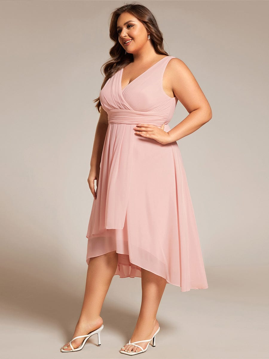 Elegant V-Neck Sleeveless Pleated High-Low Chiffon Wedding Guest Dress #color_Pink