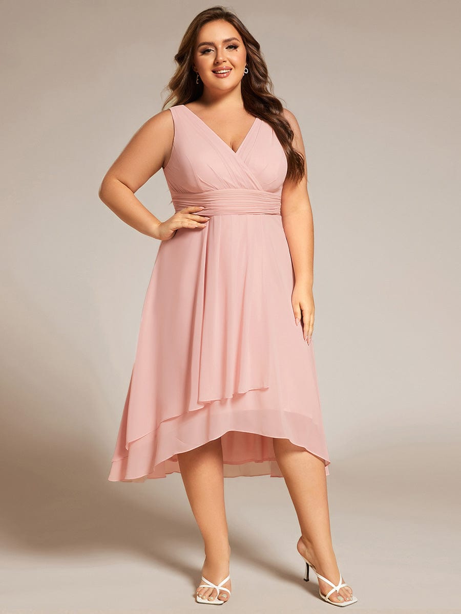 Elegant V-Neck Sleeveless Pleated High-Low Chiffon Wedding Guest Dress #color_Pink