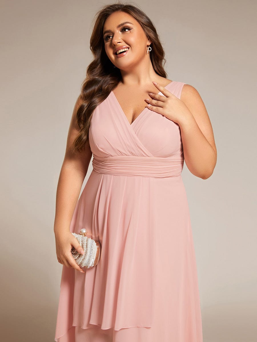 Elegant V-Neck Sleeveless Pleated High-Low Chiffon Dress in Pink #color_Pink