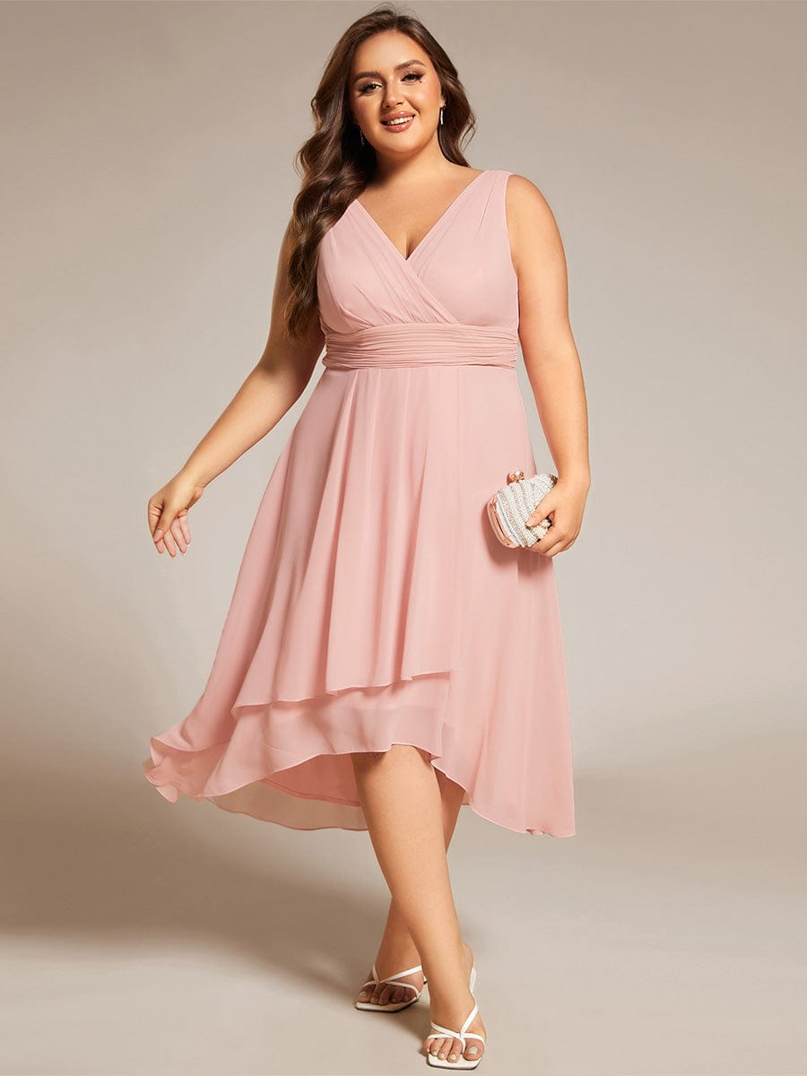 Elegant V-Neck Sleeveless Pleated High-Low Chiffon Wedding Guest Dress #color_Pink