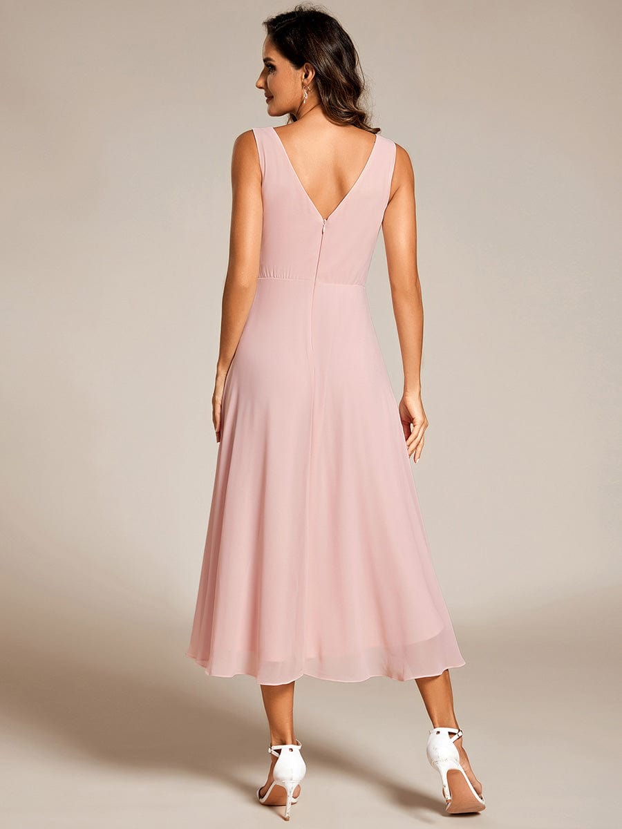 Elegant V-Neck Sleeveless Pleated High-Low Chiffon Wedding Guest Dress #color_Pink