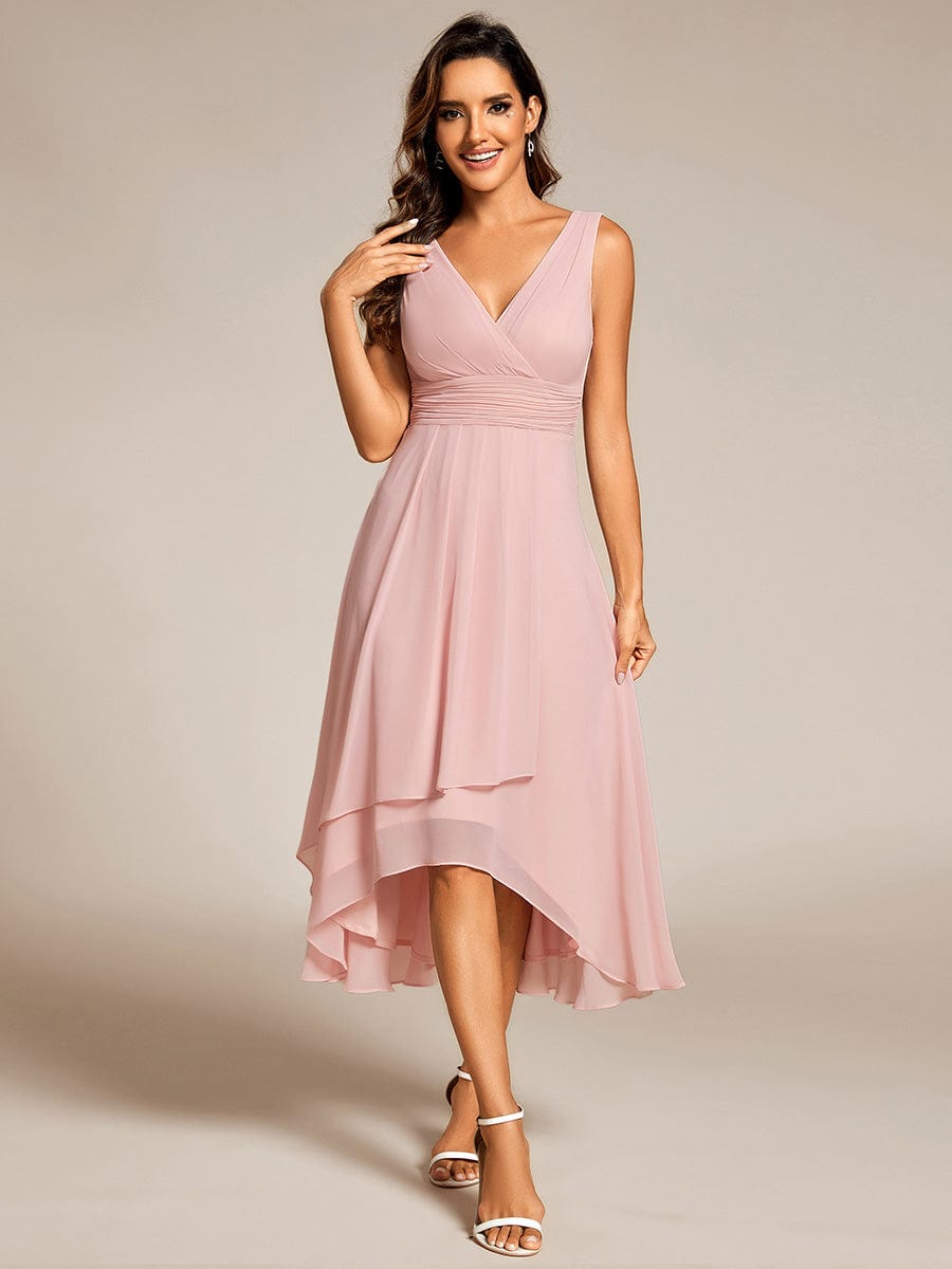 Elegant V-Neck Sleeveless Pleated High-Low Chiffon Wedding Guest Dress #color_Pink