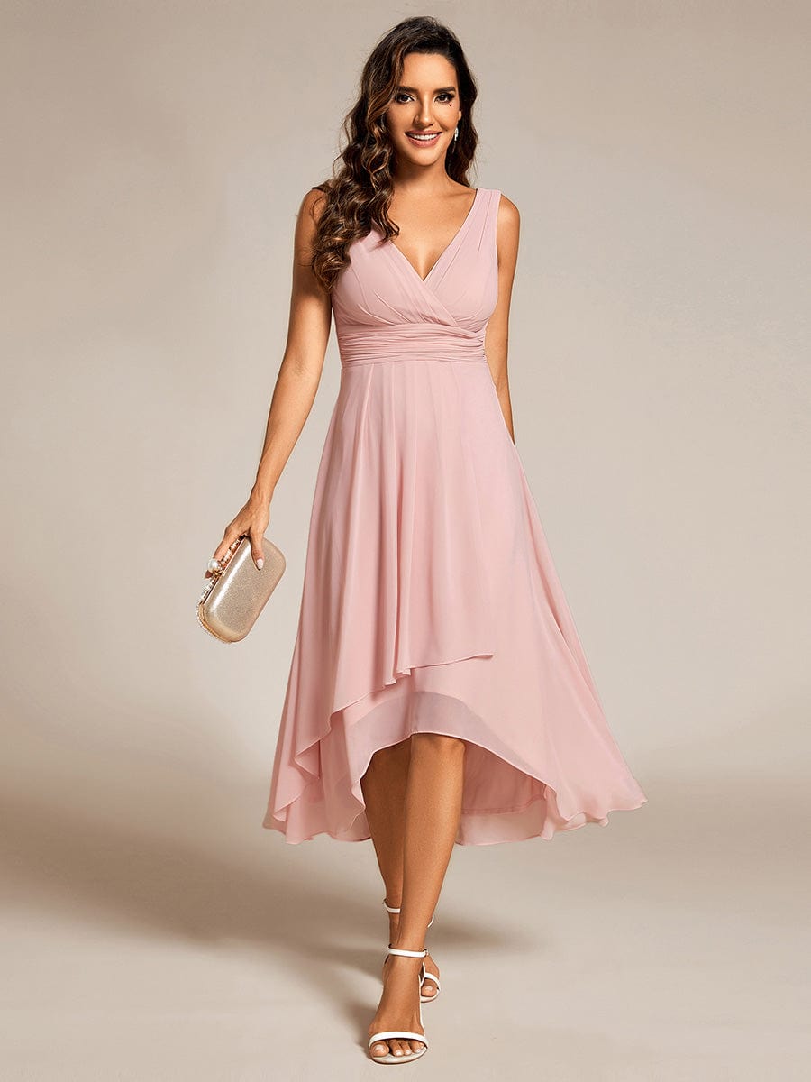 Elegant V-Neck Sleeveless Pleated High-Low Chiffon Dress in Pink #color_Pink