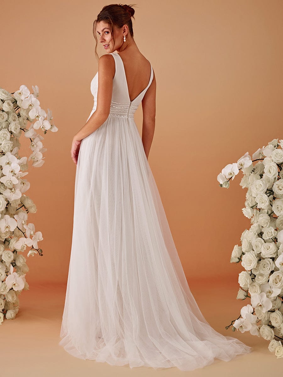 Sleeveless Deep V Low Back Long Wedding Dress #color_Ivory