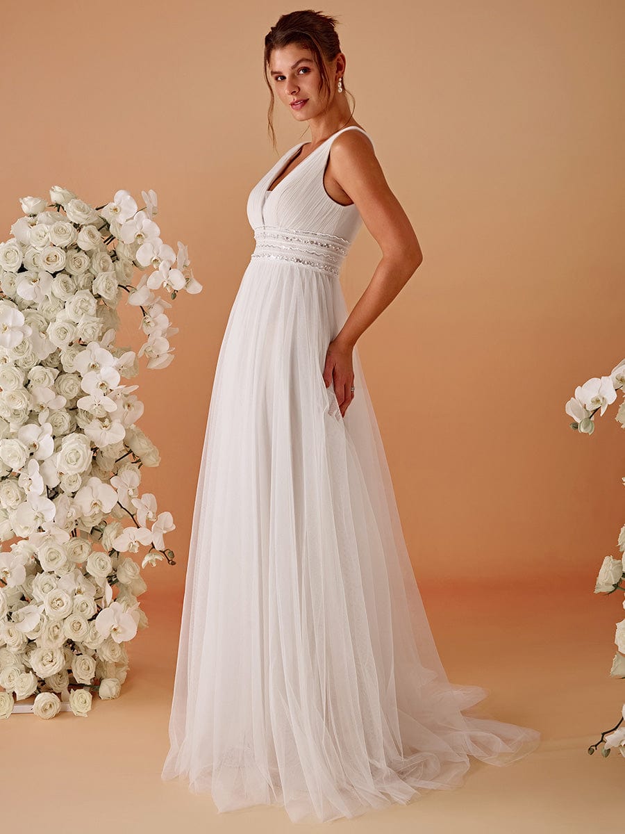 Sleeveless Deep V Low Back Long Wedding Dress #color_Ivory