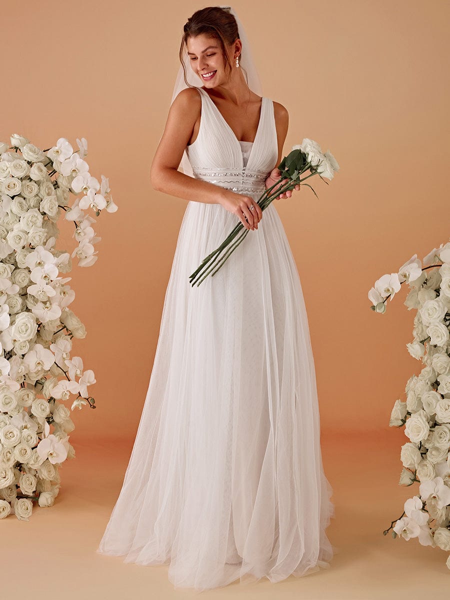 Sleeveless Deep V Low Back Long Wedding Dress #color_Ivory