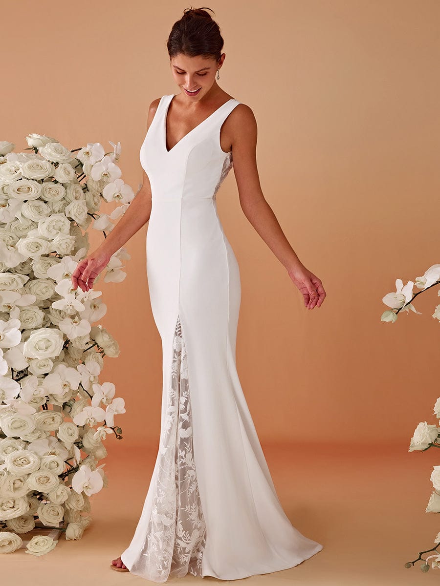 Sleeveless Polyester Mermaid Wedding Dress with Lace Back #color_White