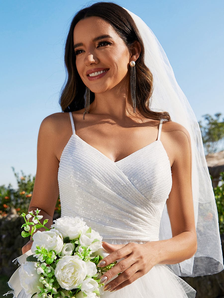 Sparkling V-Neck Spaghetti Straps Tulle Wedding Dress #color_White