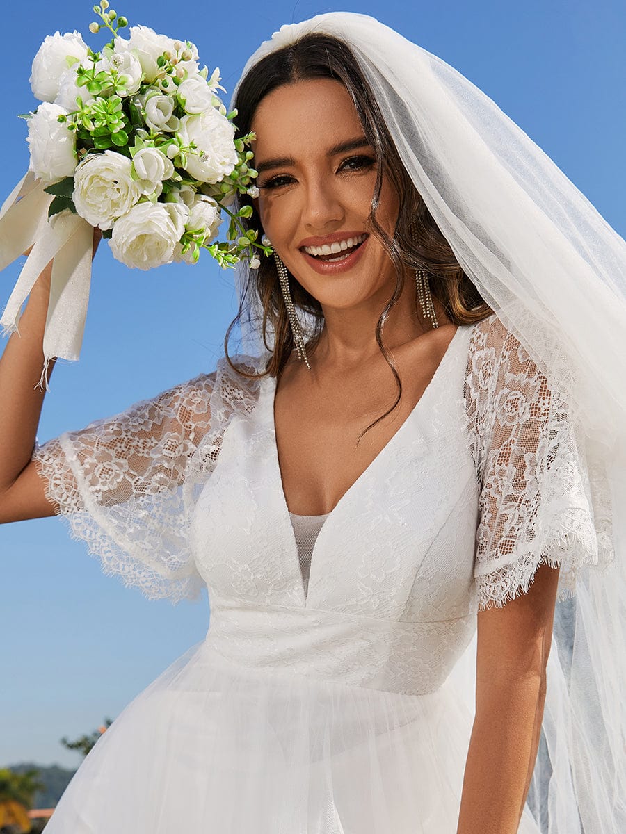 V-Neck Lace Tulle Wedding Dresses with Ruffled Sleeves #color_White