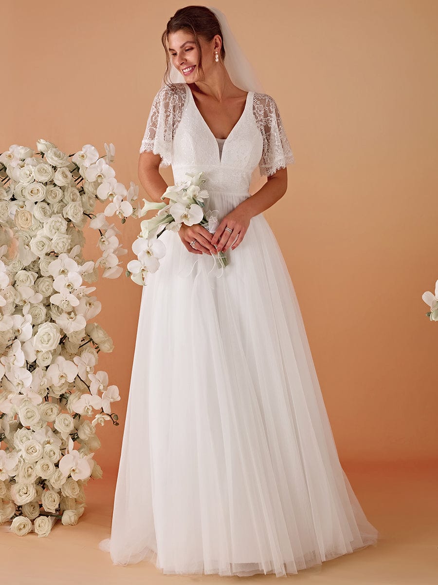 V-Neck Lace Tulle Wedding Dresses with Ruffled Sleeves #color_White