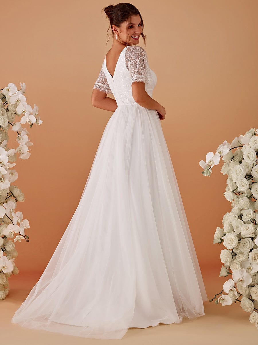 V-Neck Lace Tulle Wedding Dresses with Ruffled Sleeves #color_White