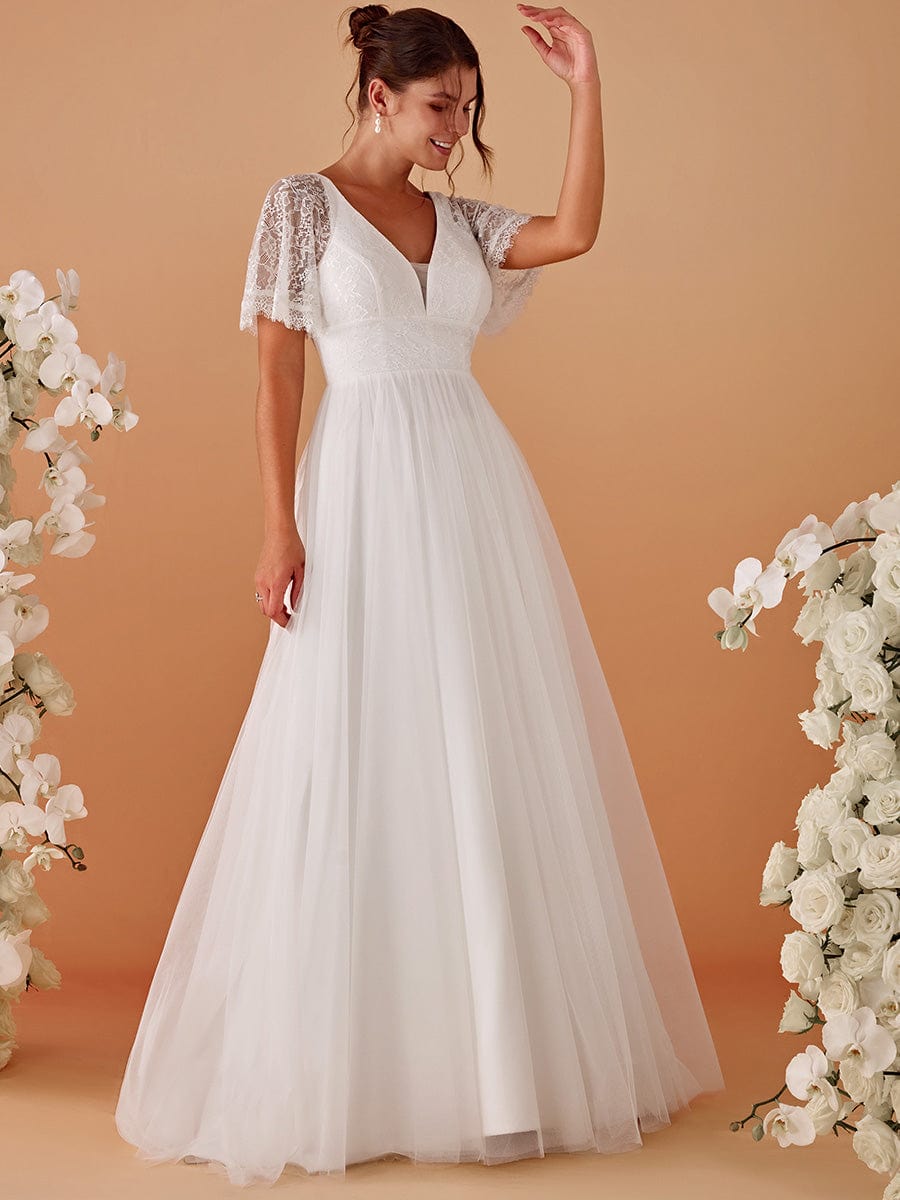 V-Neck Lace Tulle Wedding Dresses with Ruffled Sleeves #color_White