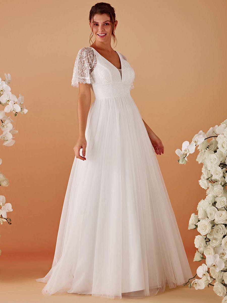 V-Neck Lace Tulle Wedding Dresses with Ruffled Sleeves #color_White