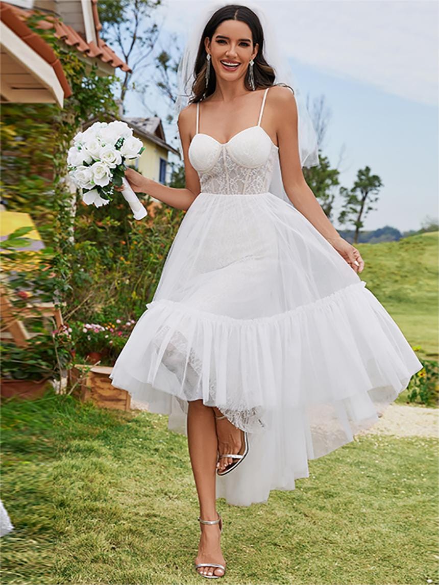 Sweetheart Corset Top High-Low Wedding Dress with Spaghetti Straps #color_Ivory