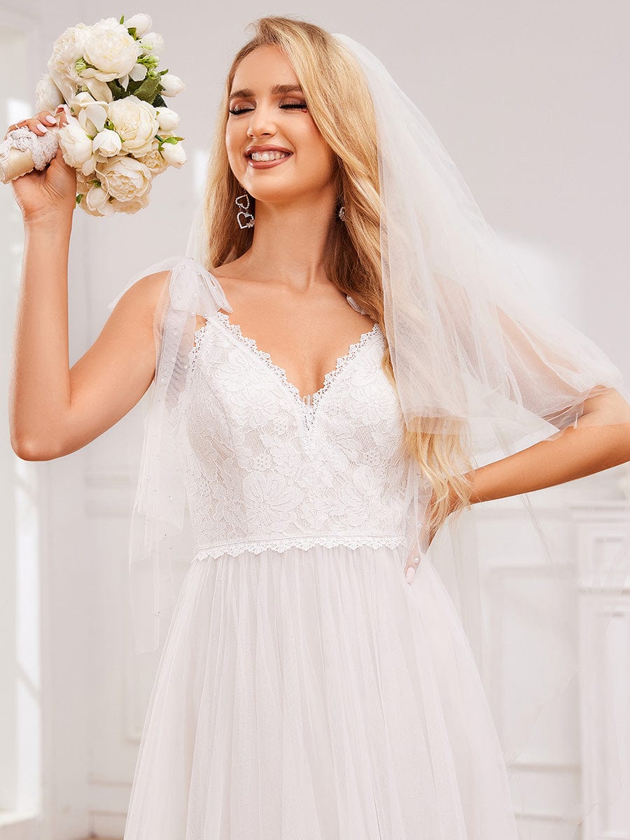 V-neck Lace Tulle Wedding Dress With Bow Straps #color_Ivory