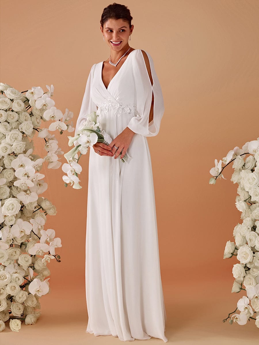 Lantern Long Slit Sleeve Deep V Applique Maxi Evening Dress #color_Cream