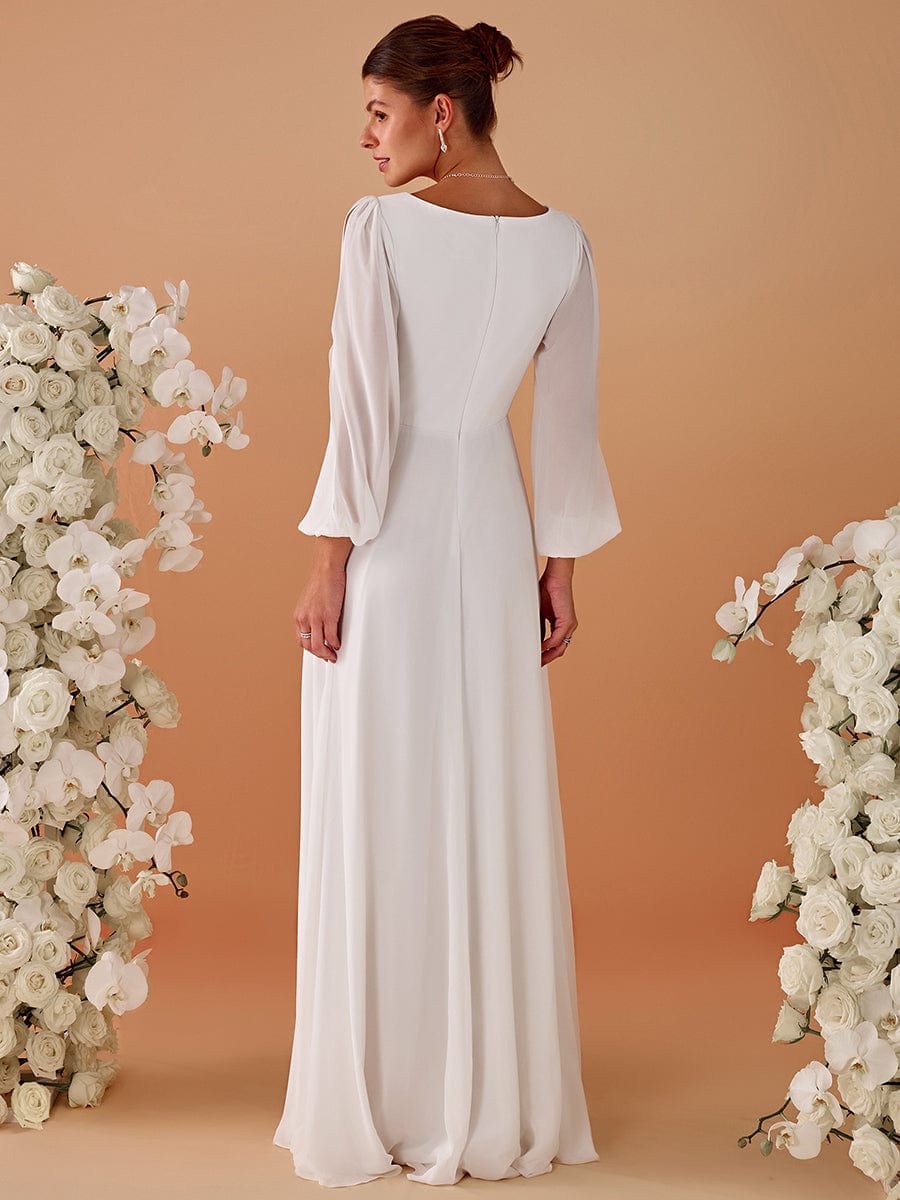 Lantern Long Slit Sleeve Deep V Applique Maxi Evening Dress #color_Cream