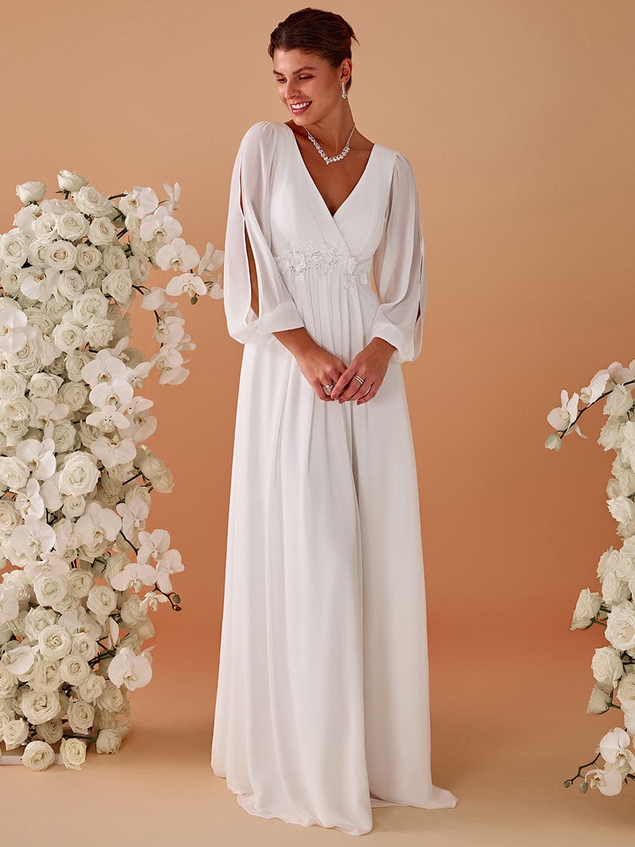 Lantern Long Slit Sleeve Deep V Applique Maxi Evening Dress #color_Cream