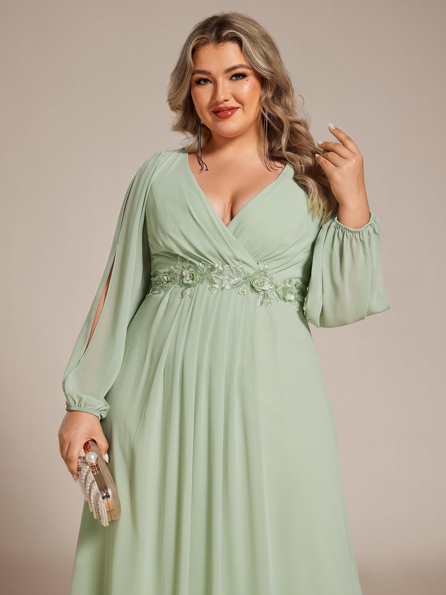 Lantern Long Slit Sleeve Deep V Applique Maxi Evening Dress #color_Mint Green