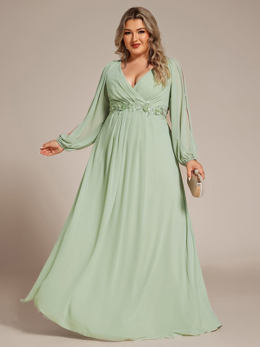 Lantern Long Slit Sleeve Deep V Applique Maxi Evening Dress #color_Mint Green