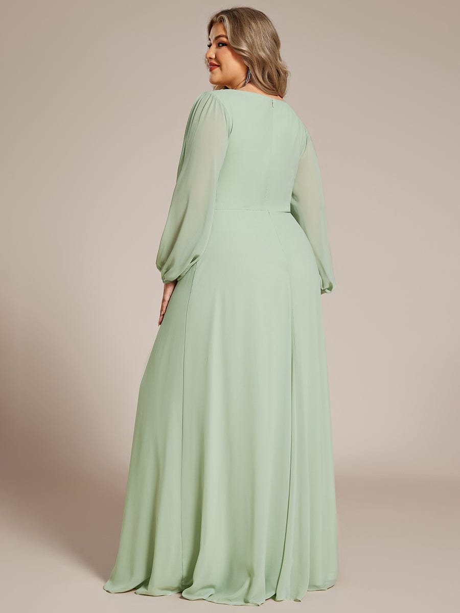 Lantern Long Slit Sleeve Deep V Applique Maxi Evening Dress #color_Mint Green