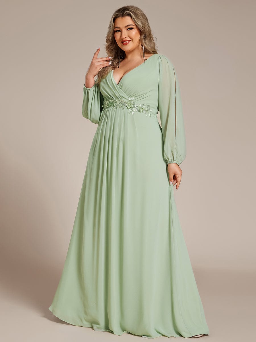 Lantern Long Slit Sleeve Deep V Applique Maxi Evening Dress #color_Mint Green