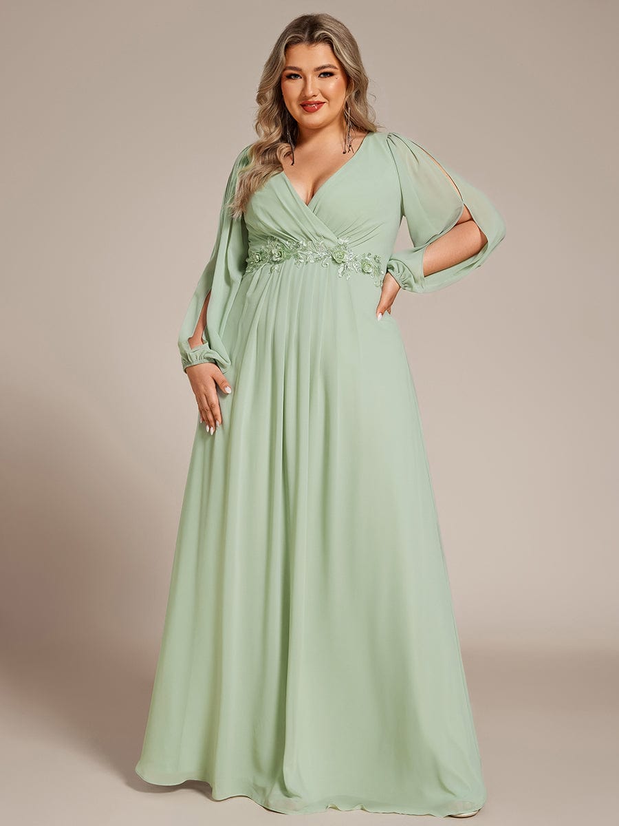 Lantern Long Slit Sleeve Deep V Applique Maxi Evening Dress #color_Mint Green