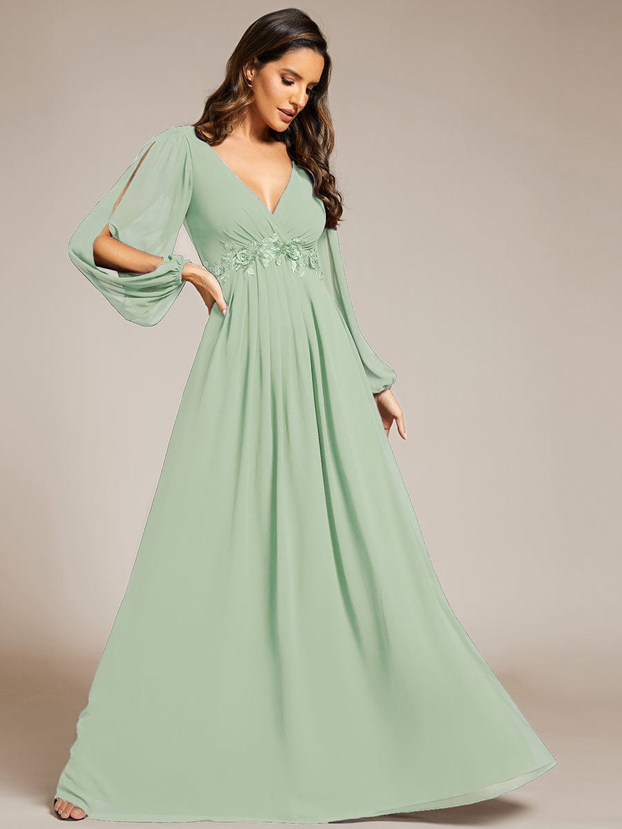 Lantern Long Slit Sleeve Deep V Applique Maxi Evening Dress #color_Mint Green