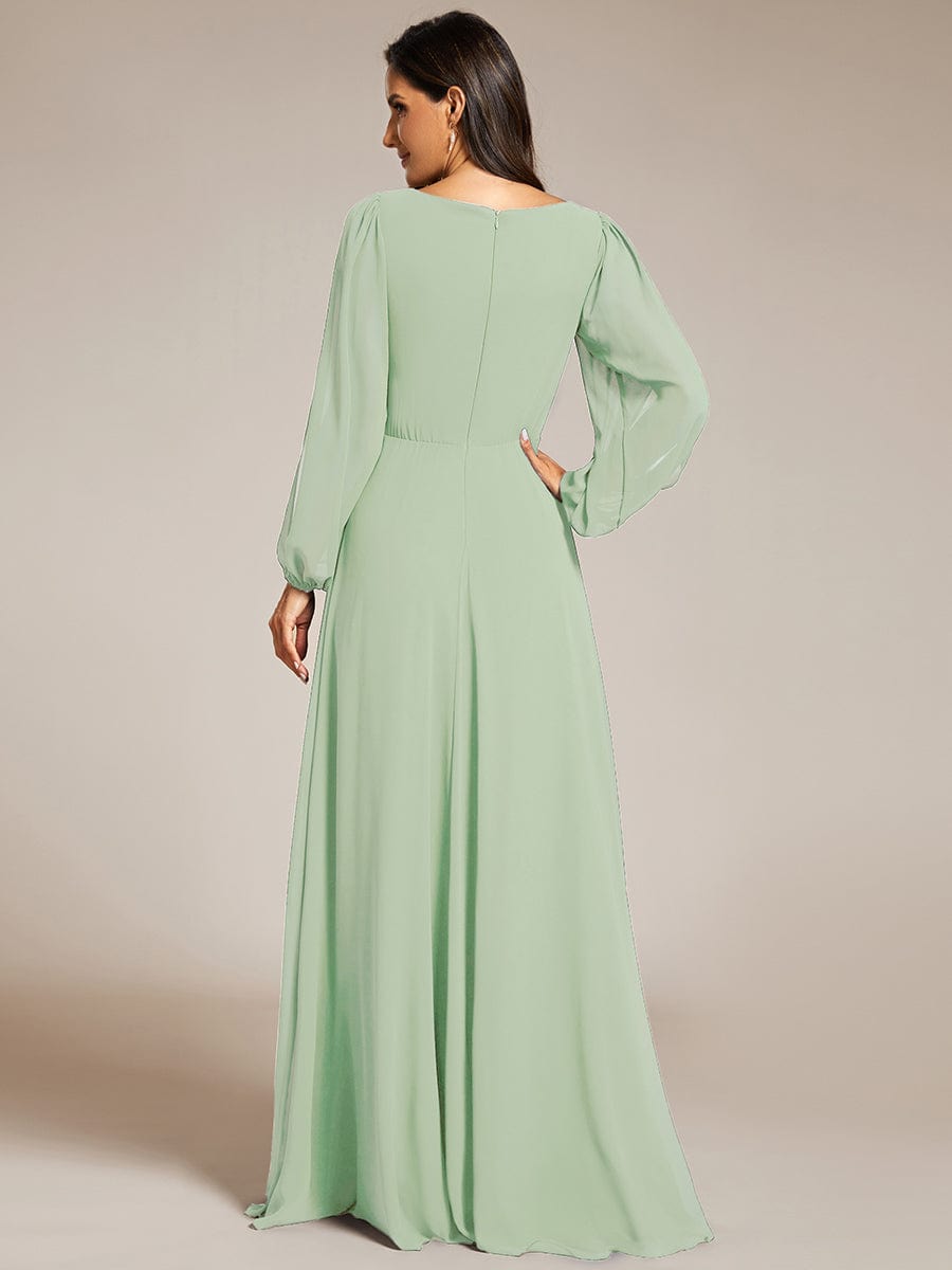 Lantern Long Slit Sleeve Deep V Applique Maxi Evening Dress #color_Mint Green